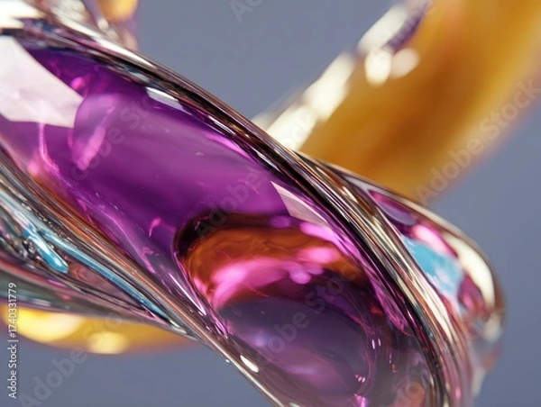 Obraz Fluid abstract form with smooth, interweaving curves in rich purple and orange hues. Reflective surface with a mix of colors and highlights, conveying a dynamic sense of motion