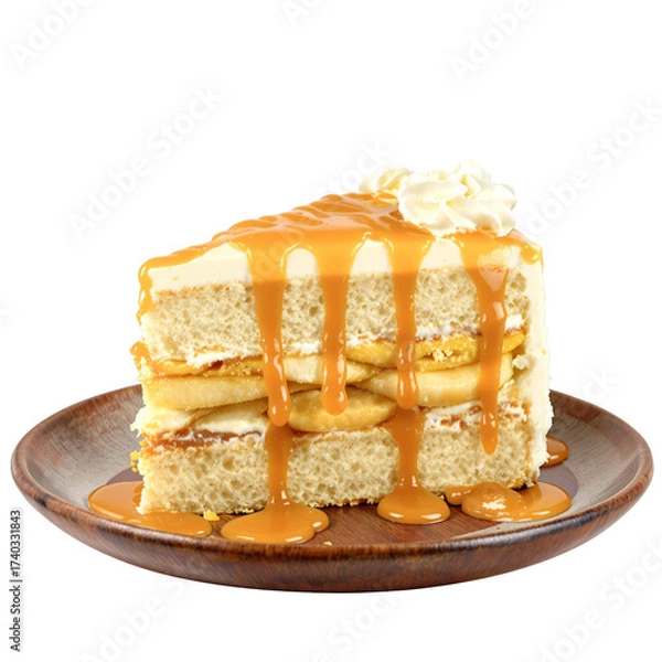 Obraz Delicious Layered Banana Cake Slice with Caramel Drizzle and Whipped Cream Isolated on a Plate Showing a Sweet Dessert