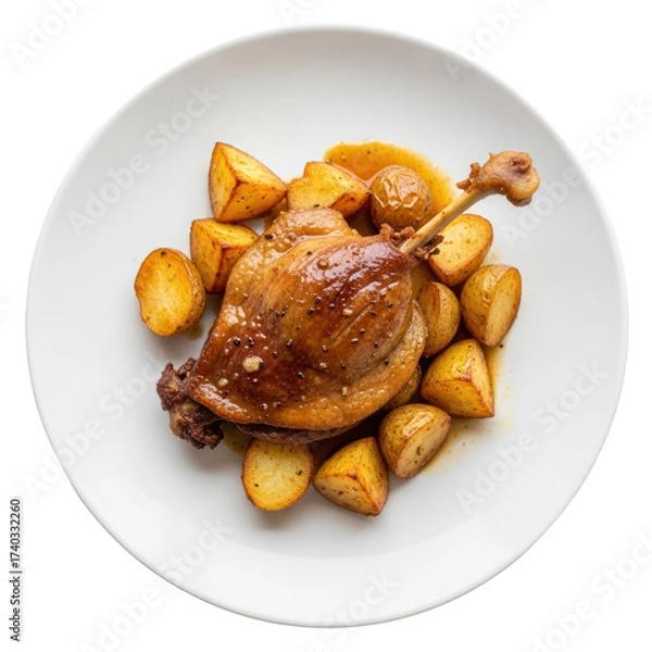 Obraz Roasted Duck Leg and Potatoes on a White Plate against Transparent Background Culinary Presentation
