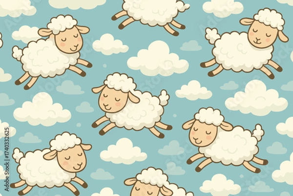 Fototapeta Cute cartoon sheep jumping and playing in fluffy white clouds on a blue sky background seamless pattern