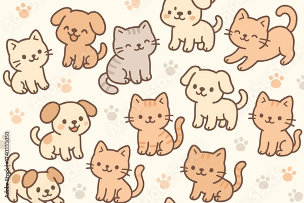 Fototapeta Adorable cartoon puppies and kittens playing together in a whimsical pattern