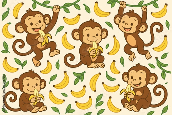 Fototapeta Cute cartoon monkeys playfully interacting with bananas and jungle vines