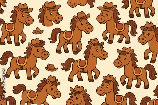 Fototapeta Charming cowboy horses seamless pattern with western hats and saddles on a light background