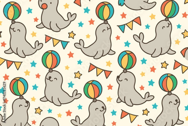 Fototapeta Cute cartoon seals balancing colorful balls on their noses in a playful circus pattern