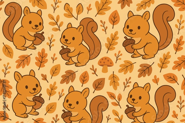 Fototapeta Cute cartoon squirrels holding acorns surrounded by autumn leaves and mushrooms in a warm color palette