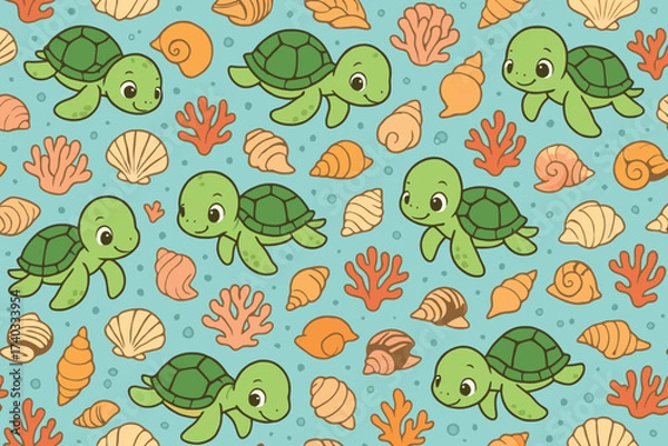 Fototapeta Cute cartoon sea turtles and seashells pattern on a blue ocean background
