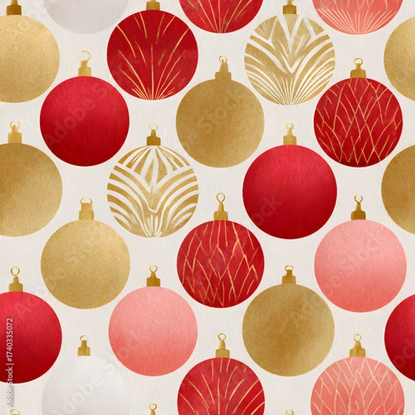 Fototapeta Christmas bauble pattern festive holiday background. Seamless texture with red, gold, pink, and white ornaments for decorative paper or fabric design.