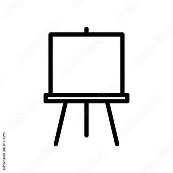 Fototapeta Simple black line art icon of an artist's easel holding a blank white canvas on a tripod stand.