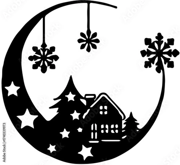 Fototapeta vector illustration of a house with christmas tree