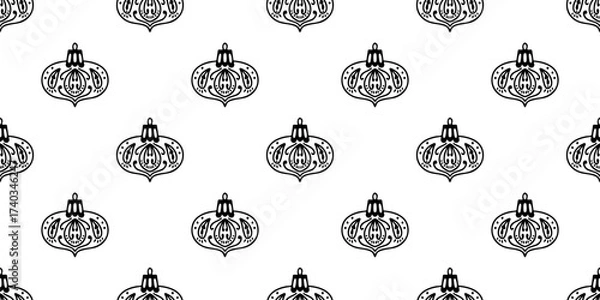 Fototapeta Seamless holiday pattern with hand drawn doodle Christmas ornaments in outline style. Line art vector background.