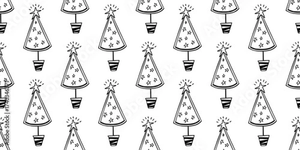 Fototapeta Seamless festive doodle pattern with Christmas trees decorated with stars in outline style. Lineart doodle vector background. 