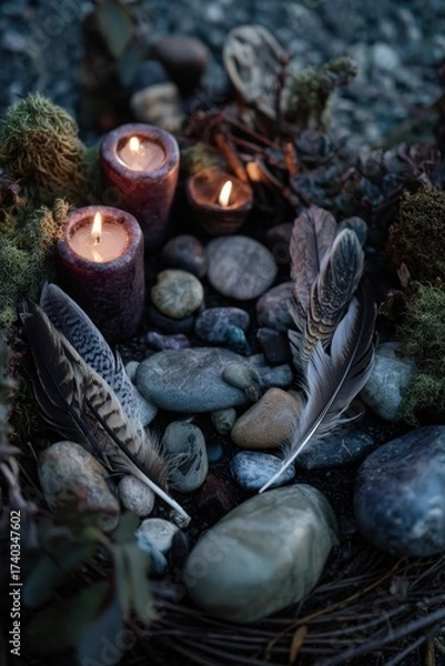 Obraz Winter Solstice nature altar with stones, feathers, and candles, ritual arrangement, spiritual connection, photorealistic, natural textures, perfect setup, no distortions