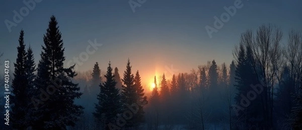 Obraz Winter solstice sunrise, subtle sun pillar over forest, atmospheric haze, cinematic width, no people 