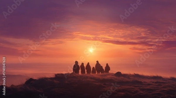 Obraz Winter Solstice sunrise watch, group on hilltop greeting first light, hopeful new cycle, photorealistic, dawning rays, flawless features, no anomalies, golden horizon glow