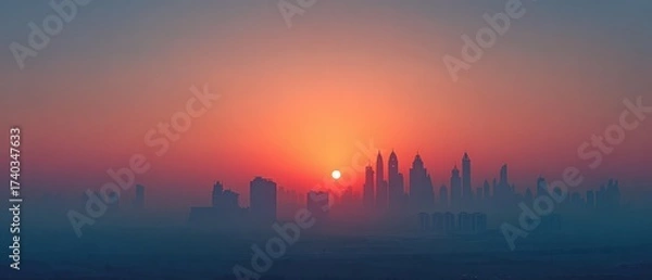 Obraz Winter sunrise over skyline with subtle haze, cool-warm gradient, no signage, hero image composition with copy space 