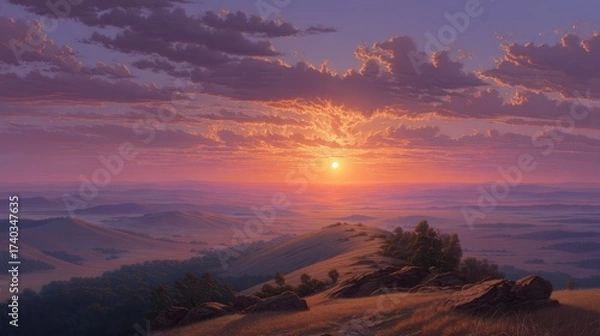 Obraz Winter Solstice sunrise watch, group on hilltop greeting first light, hopeful new cycle, photorealistic, dawning rays