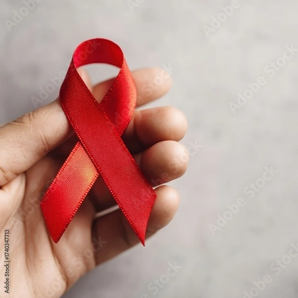 Obraz World AIDS Day (Dec 1): A close-up of a hand holding a red ribbon, the universal symbol of awareness and support for people living with HIV. The background is soft and neutral