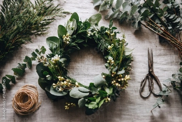 Obraz Wreath-making workshop flat lay: floral wire, shears, cedar, eucalyptus on linen, overhead soft light, spacious negative space 
