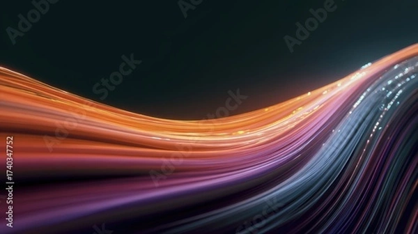 Obraz Year-end dashboard abstract, flowing data lines in cool gradients, wide copy-safe band, no numerals, no logos 