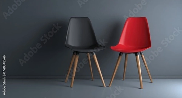 Fototapeta Two modern chairs, one black and one red, against a dark gray wall and floor