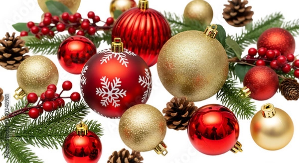 Obraz Festive christmas background with red and gold ornaments, pine cones, and berries isolated on transparent background for a joyful holiday season celebration