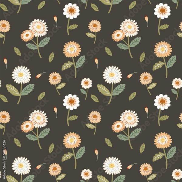 Fototapeta Seamless vector floral pattern with delicate pastel daisy flowers on a dark background.