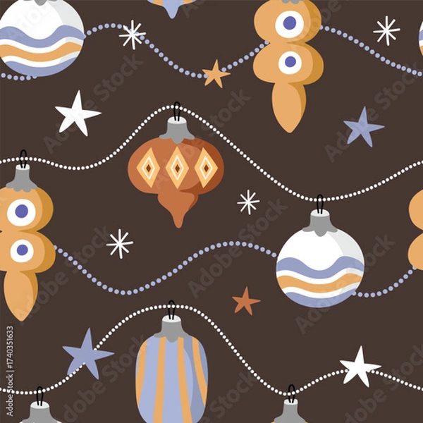 Fototapeta Seamless Christmas pattern with vintage tree decorations and stars on a brown background. Flat vector illustration.