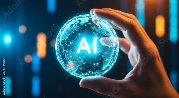 Obraz Human hand interacting with a futuristic globe illuminated by advanced digital networks, representing the worldwide integration of AI and the promise of technological progress.