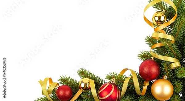 Obraz Festive christmas border with fir branches, red and golden baubles, and a golden ribbon isolated on transparent background for holiday season greetings