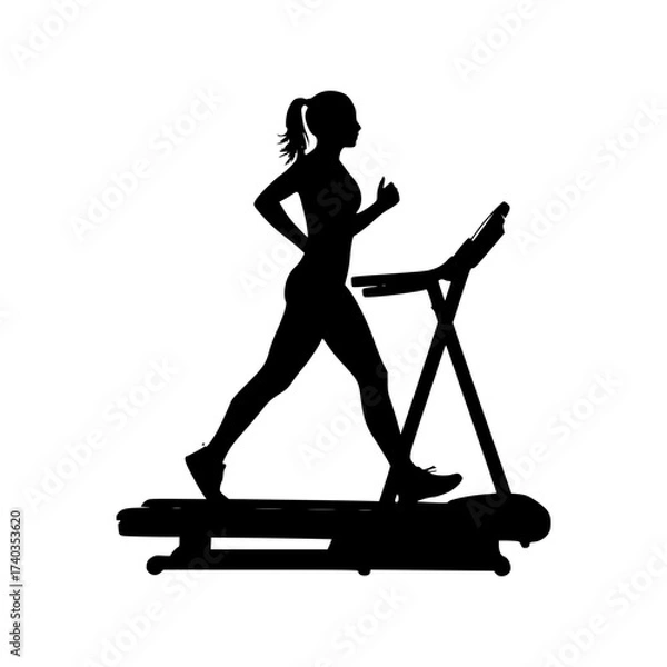 Fototapeta Silhouette of female athlete running on treadmill, isolated icon on white background.
