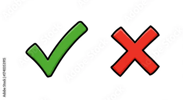 Fototapeta Green check and red cross mark. Hand drawn doodle sketch style.