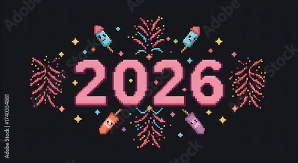 Fototapeta New Year 2026 Celebration: A pixelated, festive design with 2026 at the center, vibrant fireworks and rockets burst joyfully, celebrating the dawn of a new year with a touch of digital artistry.