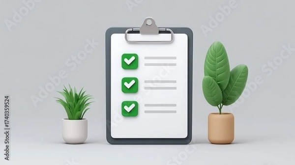 Fototapeta A clipboard with checkmarks beside decorative plants in minimalist pots.