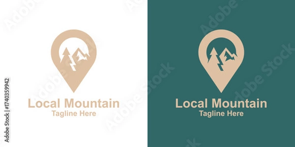 Fototapeta Location Pin Logo – Mountain Pine Map Adventure Symbol in Negative Space