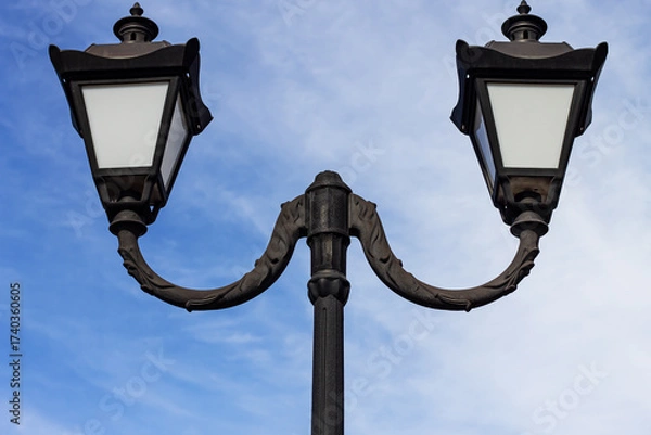 Fototapeta A striking, symmetrical close-up of a vintage twin lamppost against a vibrant blue sky with soft clouds. The ornate metal design suggests classic urban elegance.

