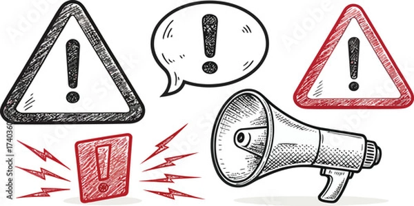 Fototapeta Warning signs and megaphone illustration conveying urgent message and important information alert system