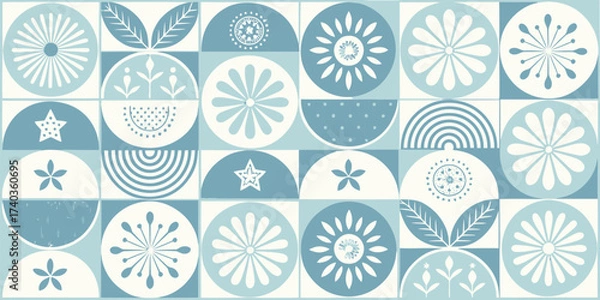 Fototapeta Geometric floral pattern in shades of blue creating a calming and decorative background design