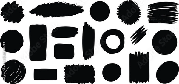 Fototapeta Collection of black ink brush strokes and splatters for artistic design elements and backgrounds use