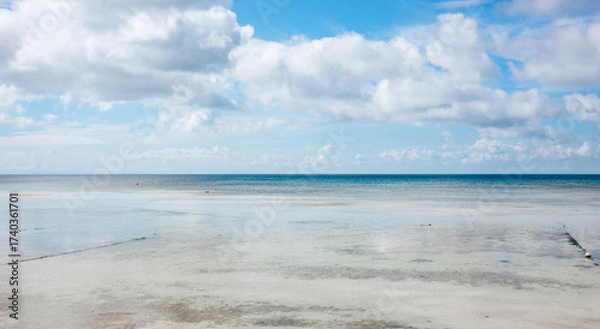 Fototapeta A wide view of the shallow shoreline and calm ocean meets the horizon under a partly cloudy sky in the Philippines. The image conveys tranquility, openness, and natural beauty.
