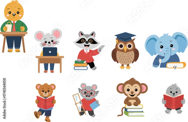 Fototapeta Cute vector illustration of school animals studying, reading, writing, learning with books, owl elephant raccoon mouse monkey bear, educational classroom concept design