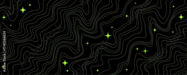 Fototapeta Line Y2K Pattern with a Black Background and Stars. Abstract Metaverse Space Texture. Vector Groovy Bg with Distorted Lines and Bling Stars.