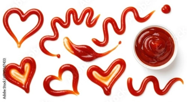 Fototapeta Fresh red tomato sauce creatively arranged on a bright white background, showcasing various shapes like hearts and decorative lines, alongside a small bowl filled with the condiment