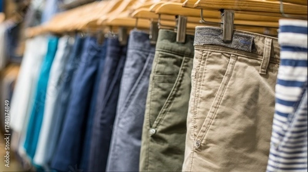 Fototapeta Display of casual shorts in multiple colors and patterns including denim, khaki, and stripes neatly hung on wooden hangers in a retail store, highlighting fashion, style, and summer clothing variety