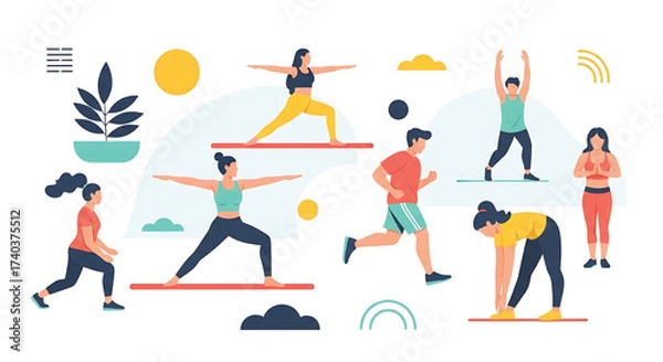 Fototapeta Diverse group of people staying active, performing various exercises like yoga, running, and stretching, promoting a healthy and energetic lifestyle through fitness and movement
