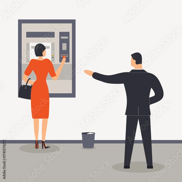 Fototapeta Lady in red receives cash at ATM in bank. Bank guard helps customer withdraw money from ATM. Vector illustration