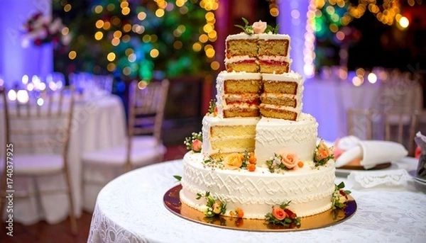 Obraz Wedding Cake on Table in Reception Decorated with Flowers