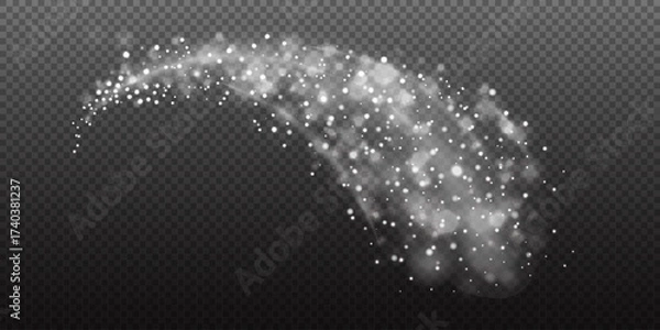 Fototapeta Christmas snow flake trail with sparkling light particles and stars creating a magical bokeh effect. Perfect for festive, fantasy or celebration designs. Stock vector illustration in realistic style.