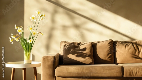 Fototapeta Detalhe de sala de estar com sofá marrom e narcisos em vaso