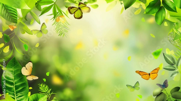 Fototapeta Borda verde de folhas e borboletas com fundo desfocado e luz suave