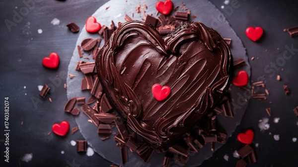 Fototapeta Bolo de chocolate em formato de coração com cobertura e raspas de chocolate
